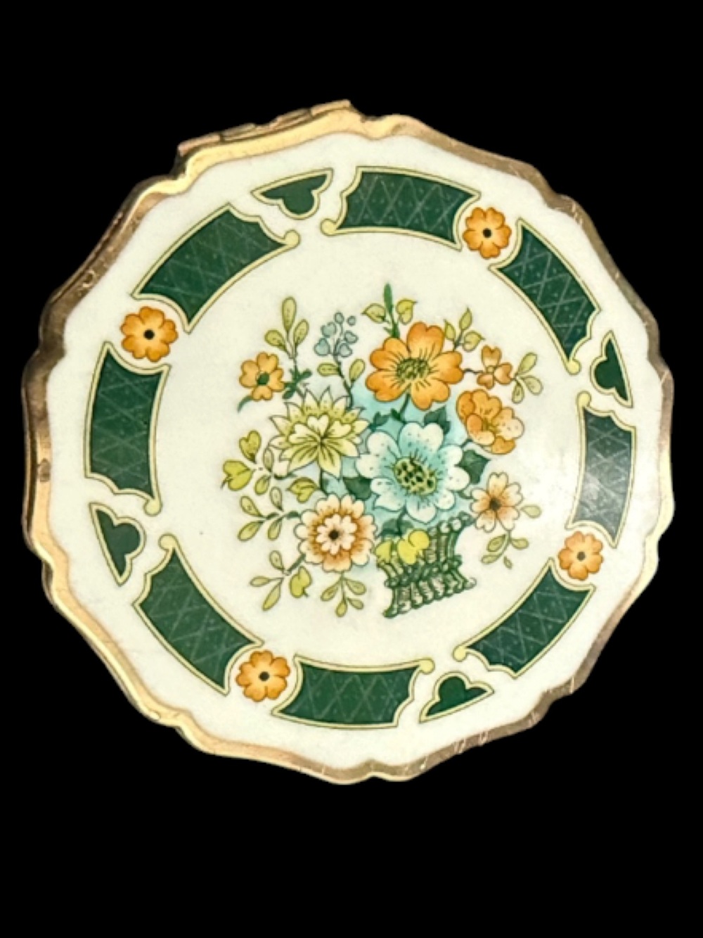 Vintage Stratton Green Floral Bouquet Enamel Powder Compact